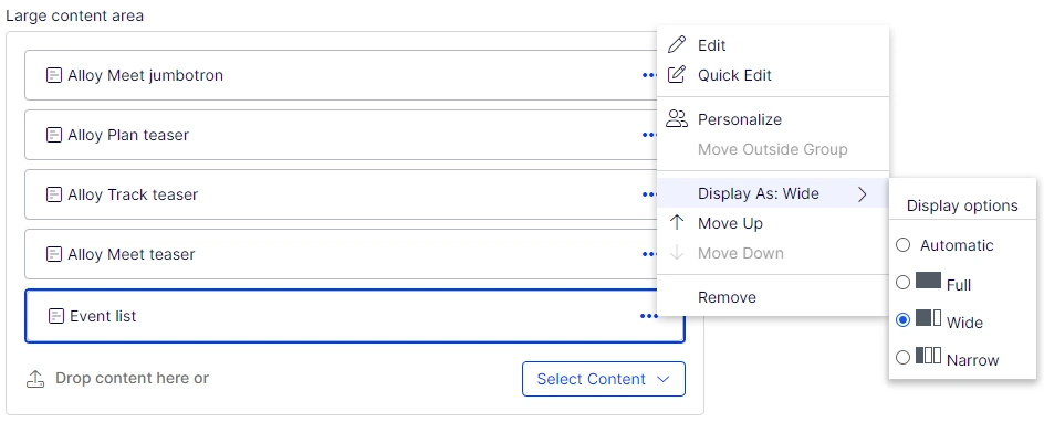 Content Area default display options overview